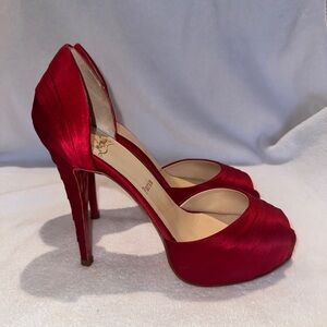 Christian Louboutin Red Satin Peep-Toe Heels